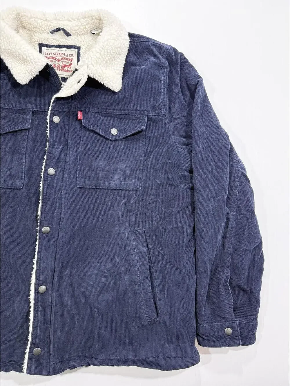 Levi’s Sherpa Trucker Jacket Mens XL Navy Corduroy Fleece Lined Snap Zip